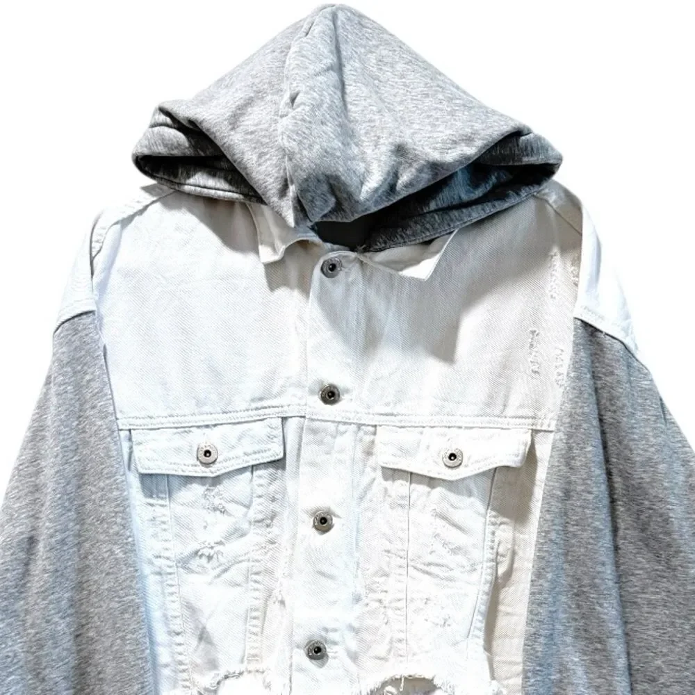 NWOT Dance & Marvel White Gray, Raw Hem, Crop Detachable Hoodie, Denim Jacket, - Picture 9 of 15